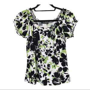 Jondon Black/Green Short Sleeve Floral Blouse Size Small
